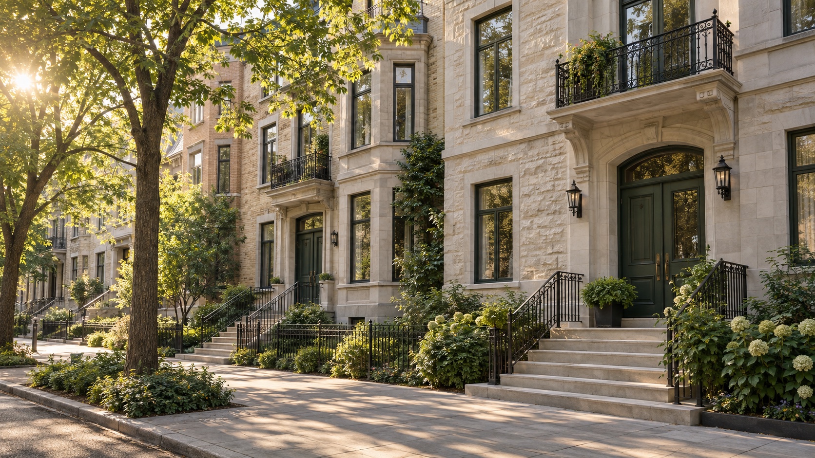 Illustration d’une rue résidentielle imaginaire, façades de pierre claire et portes vertes dans la lumière du matin.