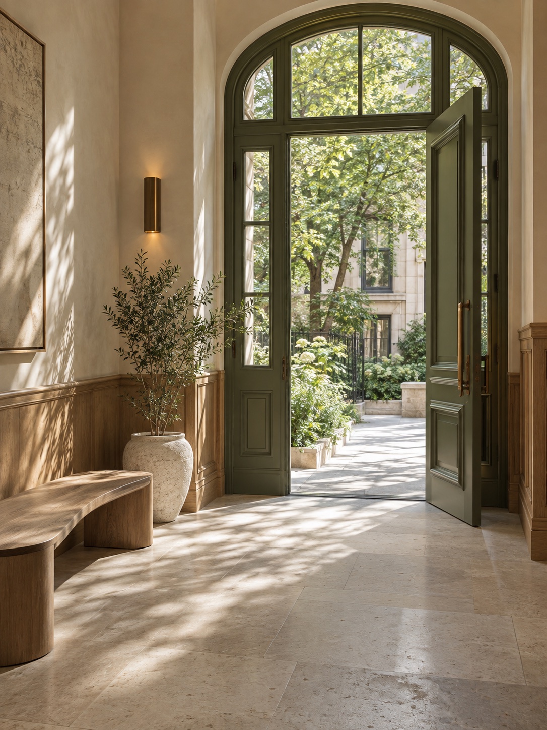 Hall d’immeuble imaginaire, bois naturel et porte sauge ouverte sur une cour lumineuse.